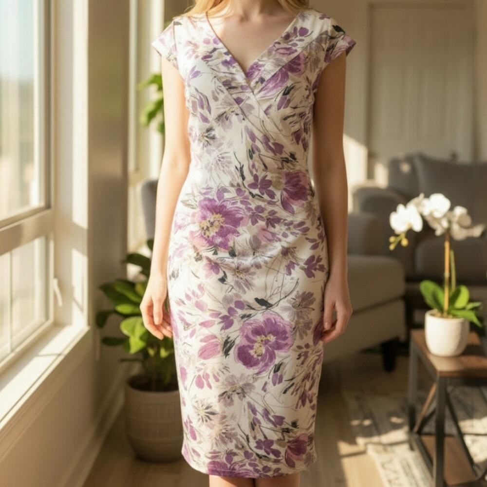 Maggy London Floral Dress Sheen Purple White Ruched Waist Sz‎ 6